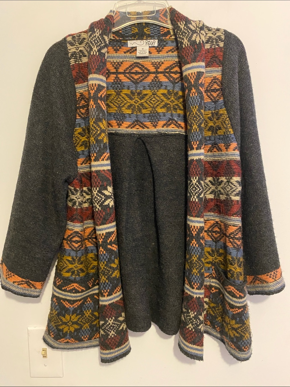 RXB Gray Shawl Cardigan with Multicolor Fair Isle Trim, normal wear. Some piling